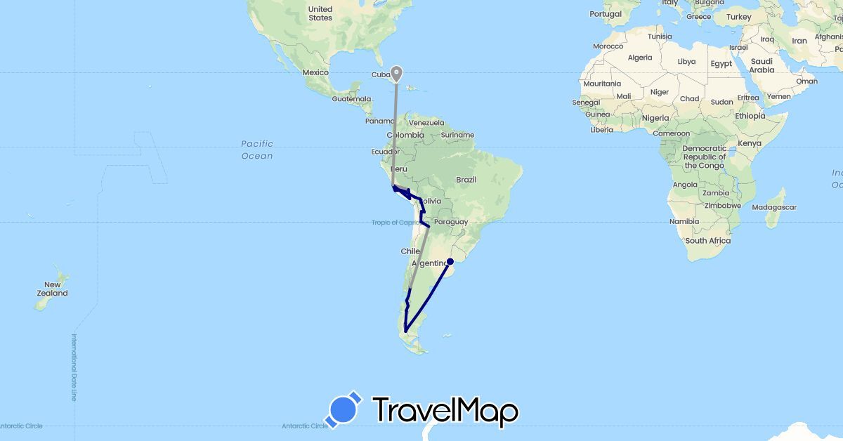 TravelMap itinerary: driving, plane in Argentina, Bolivia, Chile, Cuba, Peru (North America, South America)